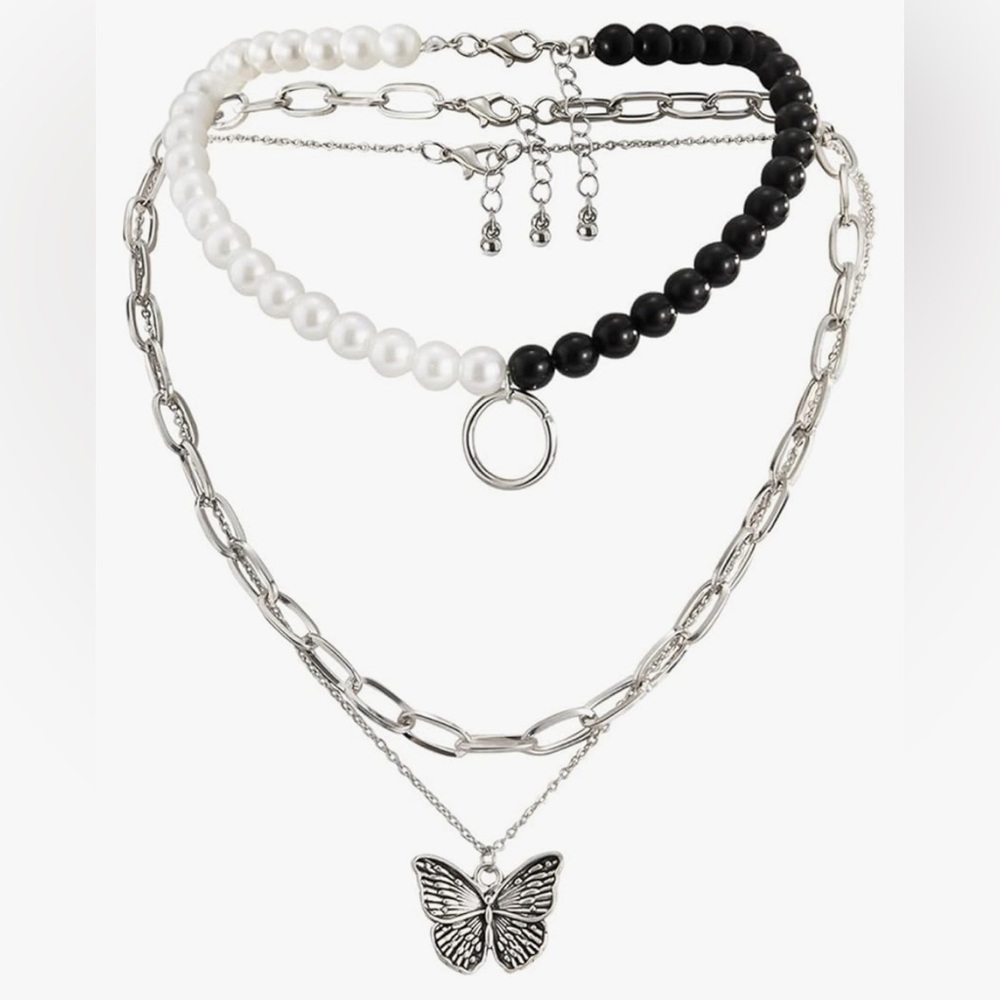 Butterfly Necklace multilayer White Gold Silver Plated Pearl Circle 15in 3pc New